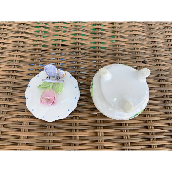 Porcelain Jewelry Holder Ring Dish Glazed Ceramic Flower Butterfly Lid Print - Picture 3 of 4